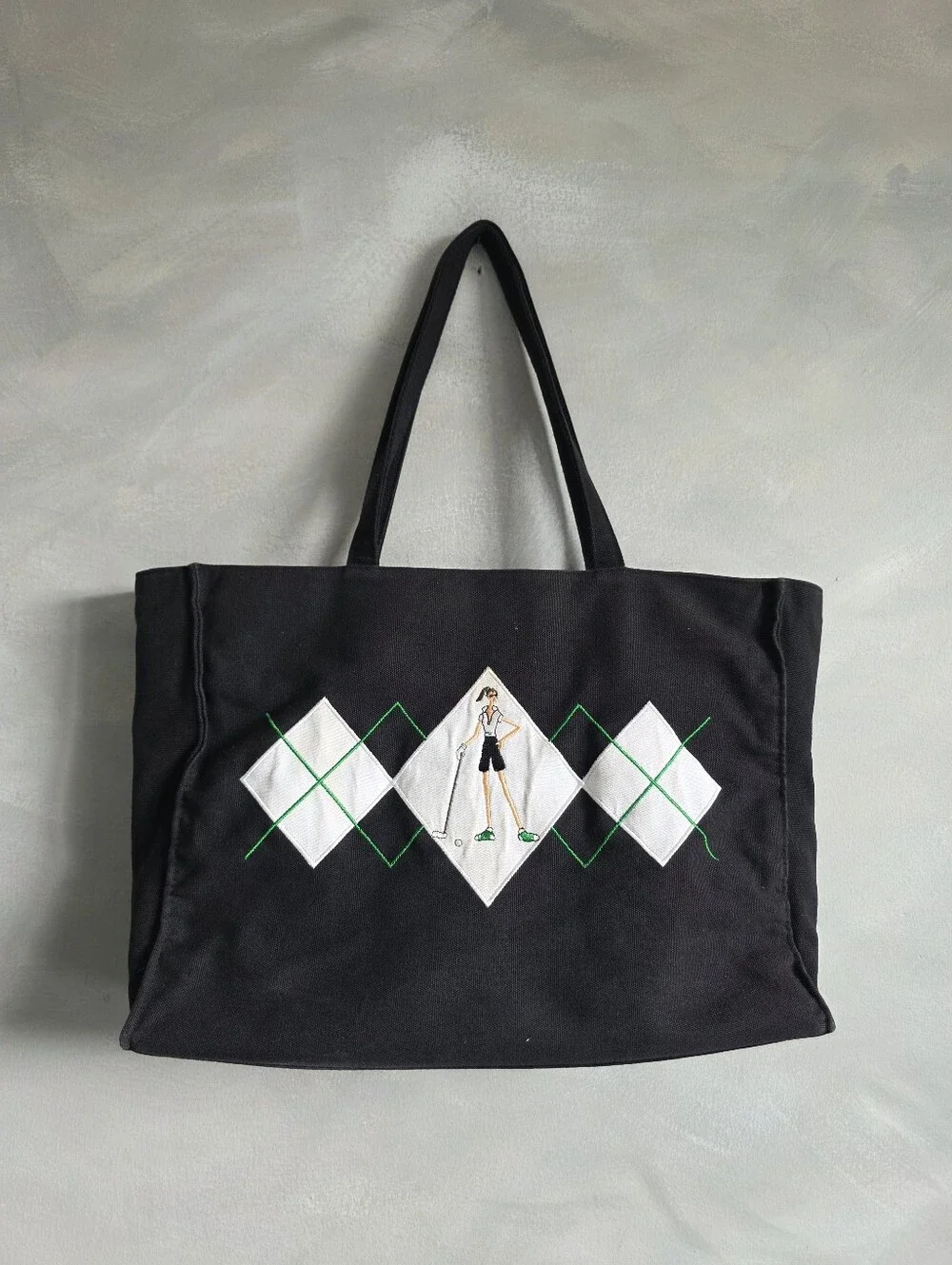 Tony Gears Premium Golf Embroidered Canvas Tote Bag Black & Green 17x11x4.5